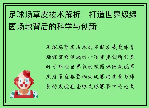 足球场草皮技术解析：打造世界级绿茵场地背后的科学与创新